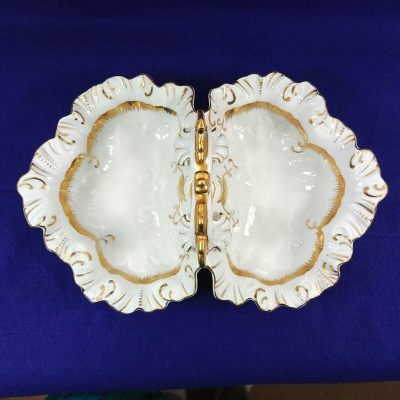 Divided Serving Dish w/ Center Handle Stamped #7608 Bright Gold Trim - Picture 2 of 12